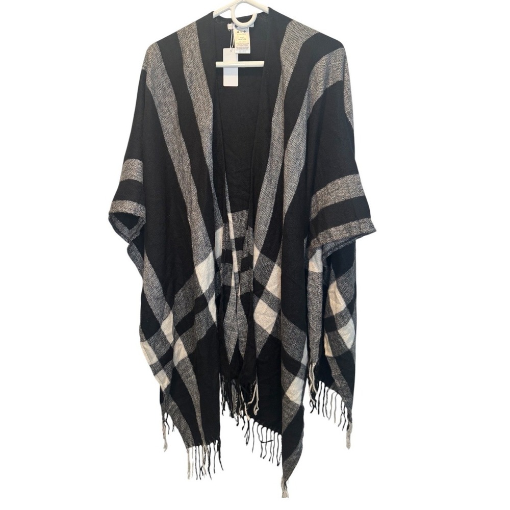 Three Dots Womens Black Erin Plaid Poncho Wrap Fringe Trim One Size NEW Classic